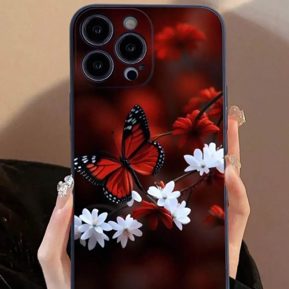 3for$20 1pc Black Anti-Drop Edged Butterfly & Flower Painted Phone 15 pro max